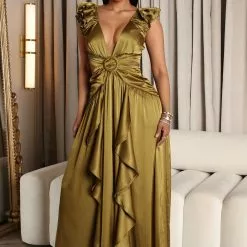 Fashion Nova Favorite View Satin Maxi Dress - Olive