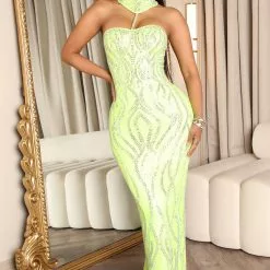 Fashion Nova Red Carpet Icon Embellished Maxi Dress - Neon Yellow