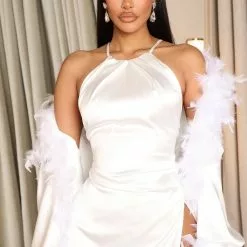 Fashion Nova Flashing Cameras Satin Feather Gown Set - White