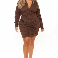 Fashion Nova Always In A Ruche Shirt Dress - Chocolate -Fashion Nova Dresses Shop 08 02 21Studio4 RT RL 10 28 33 28 D7681 Chocolate 5594 PLUS MH