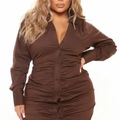 Fashion Nova Always In A Ruche Shirt Dress - Chocolate -Fashion Nova Dresses Shop 08 02 21Studio4 RT RL 10 28 37 28 D7681 Chocolate 5597 PLUS MH