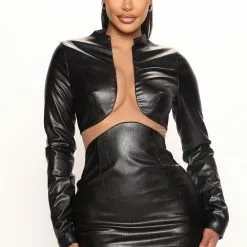 Fashion Nova Moonlit Faux Leather Mini Dress - Black