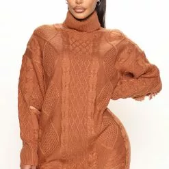 Fashion Nova Chilly Days Sweater Mini Dress - Cognac