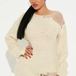 Fashion Nova No Need To Distress Sweater Dress - Cream