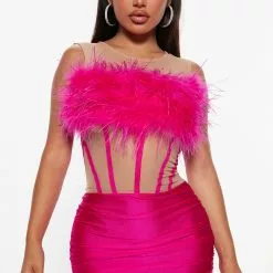 Fashion Nova Let's Party Feather Mini Dress - Hot Pink