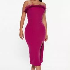 Fashion Nova Last Chance Feather Midi Dress - Magenta