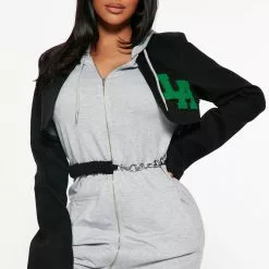 Fashion Nova All Smiles Hooded Mini Dress - Grey/Black