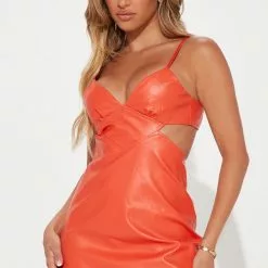Fashion Nova Tough Love Faux Leather Mini Dress - Orange