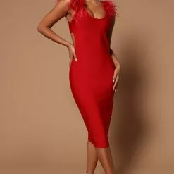 Fashion Nova Elisabeth Feather Midi Dress - Red