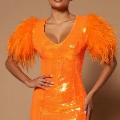 Fashion Nova Amina Sequin Feathered Mini Dress - Orange