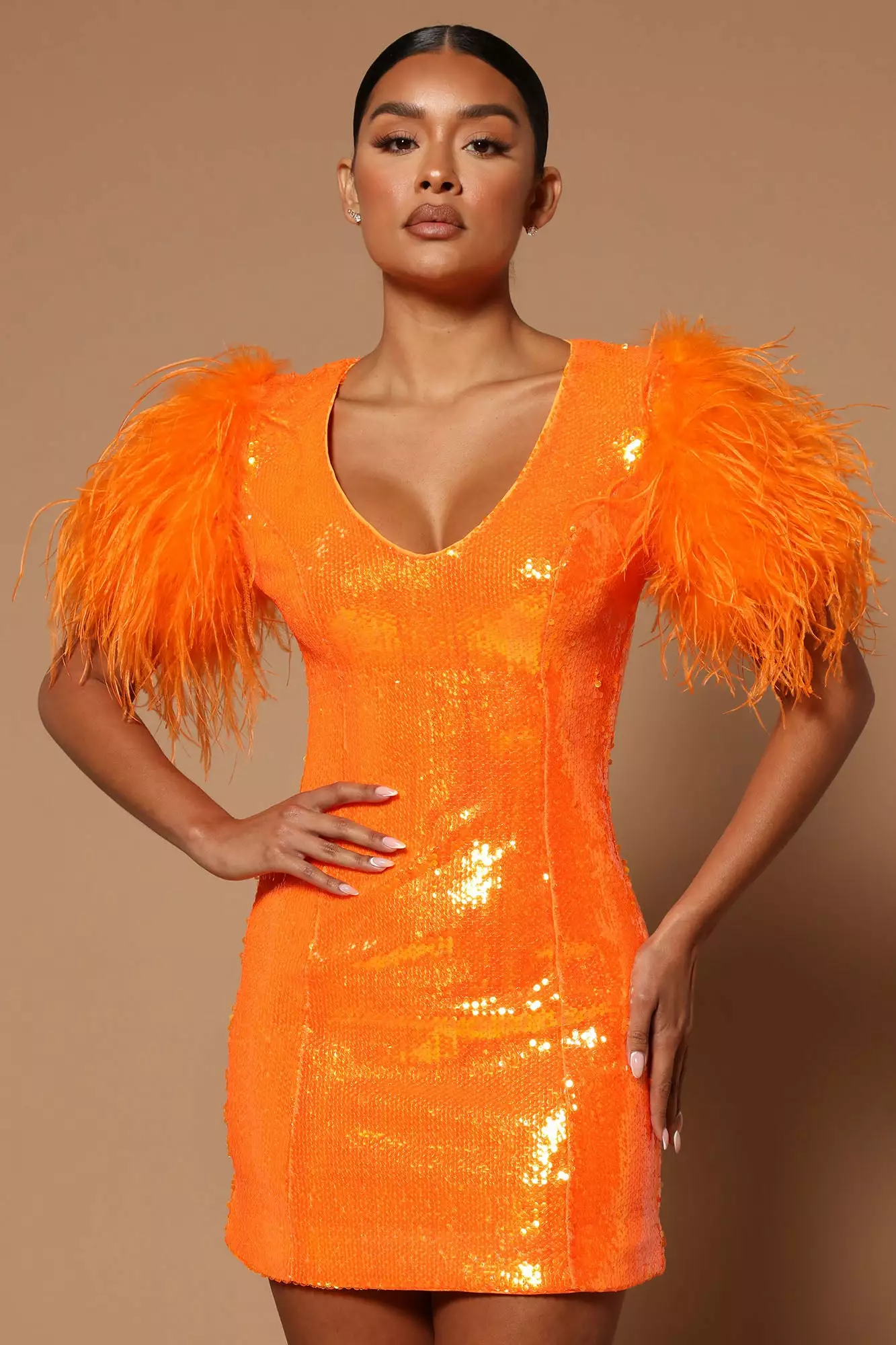 Fashion Nova Amina Sequin Feathered Mini Dress - Orange 3 Fashion Nova Amina Sequin Feathered Mini Dress - Orange