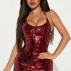 Fashion Nova Sequin Dancer Mini Dress - Burgundy