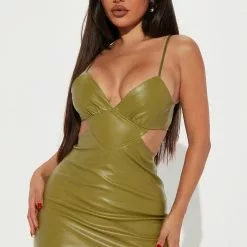 Fashion Nova Tough Love Faux Leather Mini Dress - Olive
