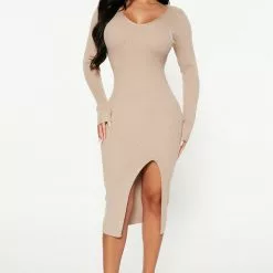Fashion Nova Hot Cocoa Sweater Midi Dress - Taupe