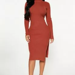 Fashion Nova One Chance Sweater Midi Dress - Rust