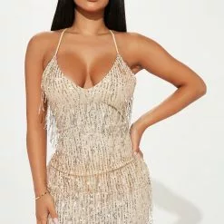 Fashion Nova Strings Attached Sequin Mini Dress - Nude