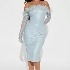 Fashion Nova Dionne Faux Leather Midi Dress Set - Light Blue