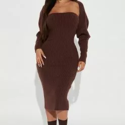 Fashion Nova Jet Set Sweater Dress Set - Brown