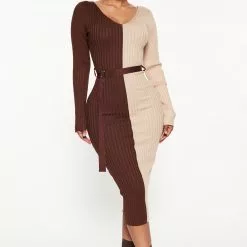 Fashion Nova Autumn Calls Colorblock Sweater Midi Dress - Chocolate/Combo
