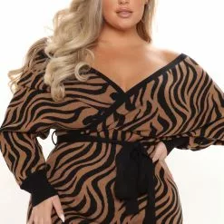 Fashion Nova Free To Roam Zebra Sweater Dress - Brown/combo -Fashion Nova Dresses Shop 08 17 21Studio3 MS JH 14 08 32 38 VID10031 Browncombo 0564 PLUS PB