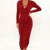 Fashion Nova Fine Wine Ruched Midi Dress - Wine