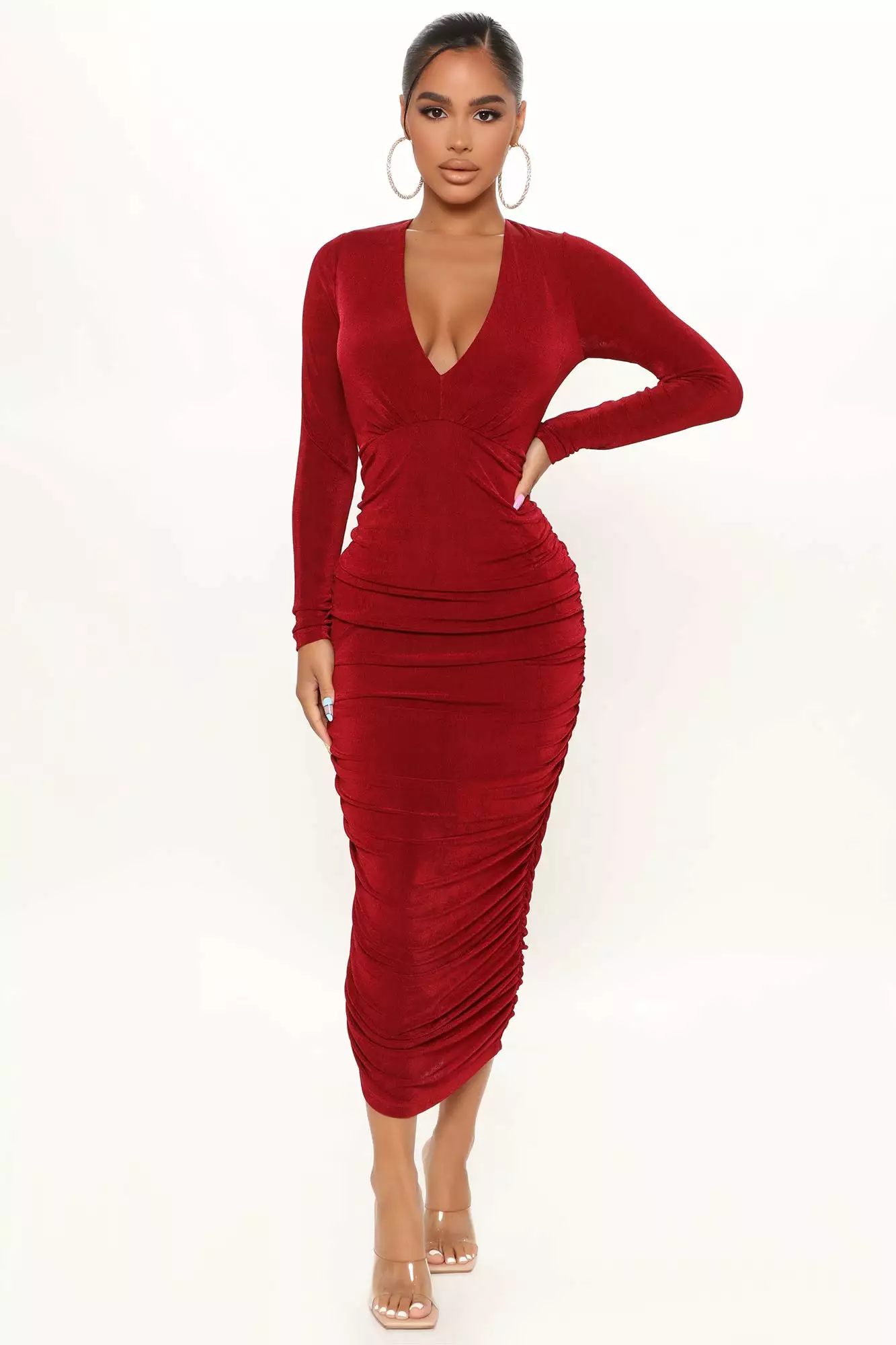 Fashion Nova Fine Wine Ruched Midi Dress - Wine 3 Fashion Nova Fine Wine Ruched Midi Dress - Wine