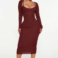 Fashion Nova Sasha Ribbed Midi Dress - Wine