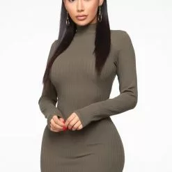 Fashion Nova Got Me Covered Ribbed Mini Dress - Olive