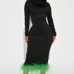 Fashion Nova Farrah Feather Midi Dress - Black