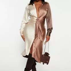Fashion Nova Beauty In A Bottle Satin Midi Dress - Mocha/combo