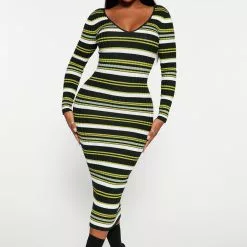 Fashion Nova Kallan Striped Knit Dress - Green/combo