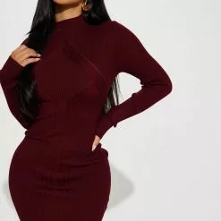 Fashion Nova Cold As Ice Sweater Mini Dress - Burgundy