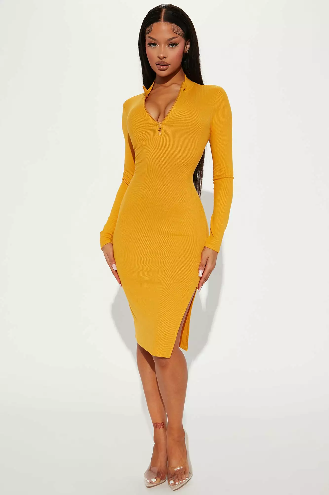Fashion Nova Heather Ribbed Midi Dress - Mustard 4 Fashion Nova Heather Ribbed Midi Dress - Mustard - Image 2