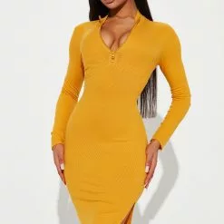 Fashion Nova Heather Ribbed Midi Dress - Mustard