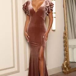 Fashion Nova Cleo Velvet Maxi Dress - Mocha