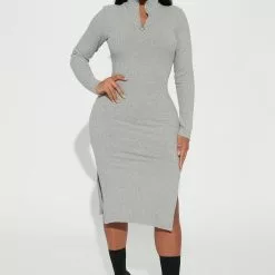 Fashion Nova Running Late Midi Dress - Heather Grey