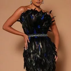 Fashion Nova Alexis Feather Belted Mini Dress - Black/Blue