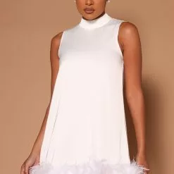 Fashion Nova Delia Feather Trim Mini Dress - White