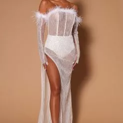 Fashion Nova Cheri Sequin Mesh Feather Trim Maxi Dress - White