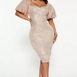 Fashion Nova God's Gift Sequin Midi Dress - Rose Gold