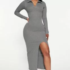 Fashion Nova Cali Ribbed Maxi Dress - Charcoal