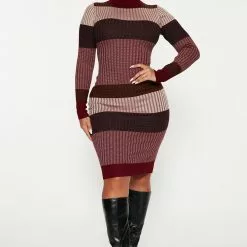 Fashion Nova Becca Sweater Midi Dress - Burgundy/combo