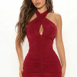 Fashion Nova Pucker Up Ruched Mini Dress - Wine