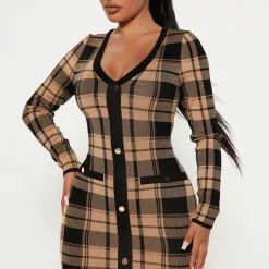 Fashion Nova Places To Be Plaid Mini Dress - Taupe/combo