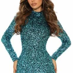 Fashion Nova Late At Night Sequin Mini Dress - Turquoise
