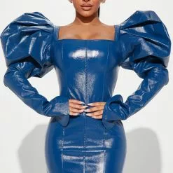 Fashion Nova The Drama Faux Leather Mini Dress - Royal