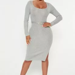 Fashion Nova Loop Me In Belted Sweater Dress - Heather Grey