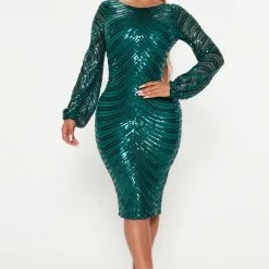 Fashion Nova Moonlight Sequin Midi Dress - Emerald