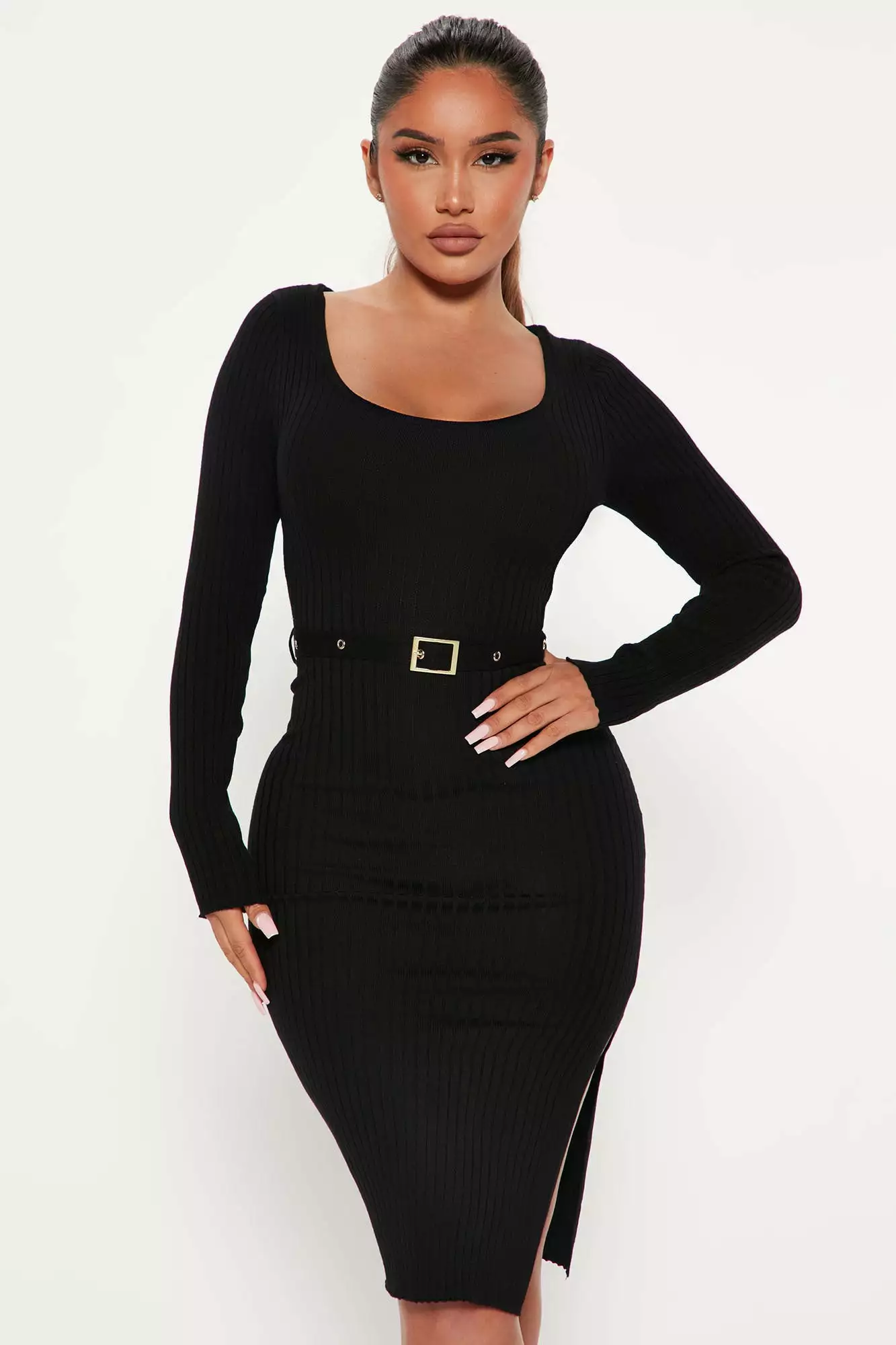 Fashion Nova Loop Me In Belted Sweater Dress - Black 4 Fashion Nova Loop Me In Belted Sweater Dress - Black - Image 2