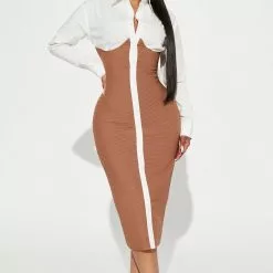 Fashion Nova Let's Get Serious Midi Shirt Dress - White/combo